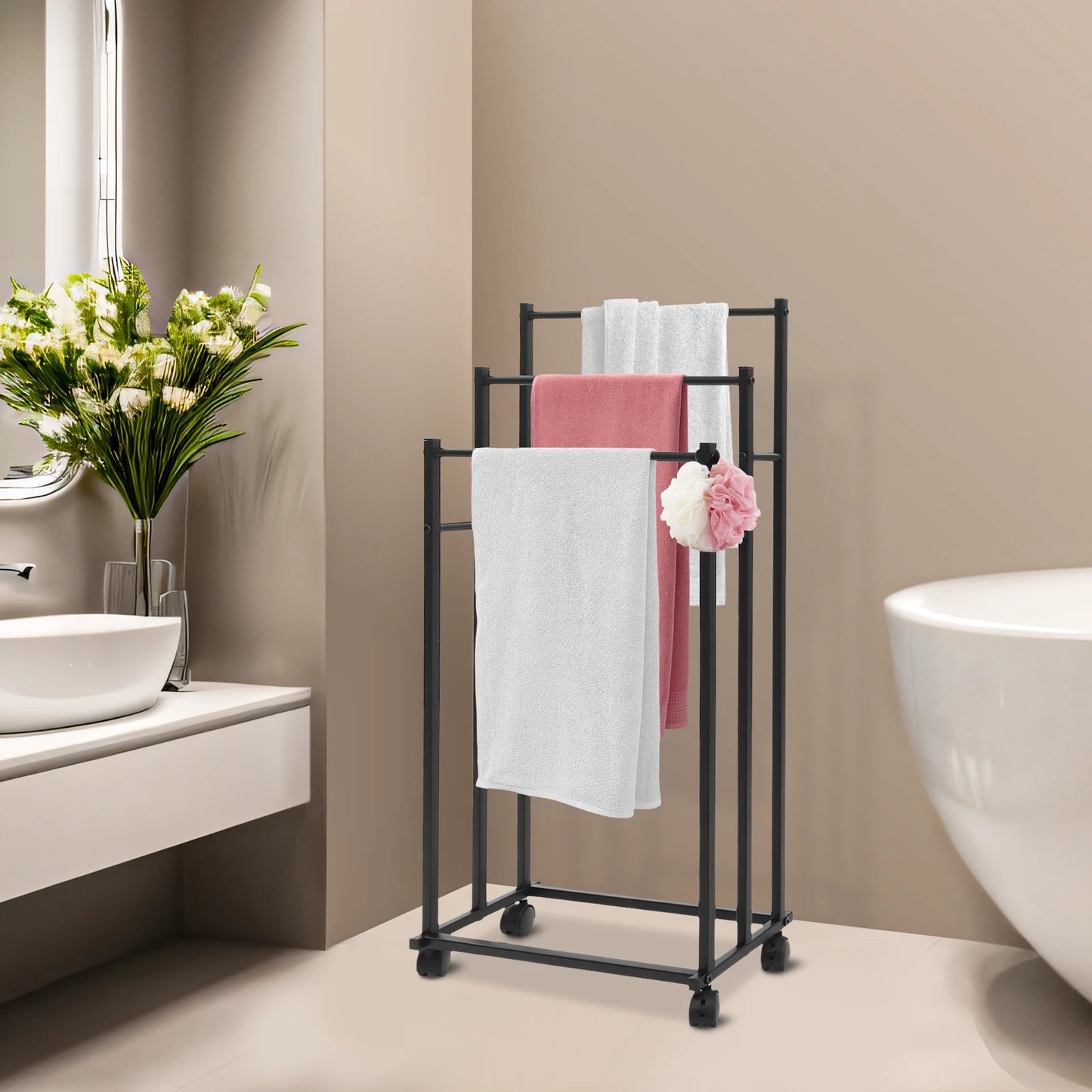 Freistehender Handtuchhalter mit Rollen – 3-stufiges Metall-Handtuchregal in Schwarz (66–86 cm)