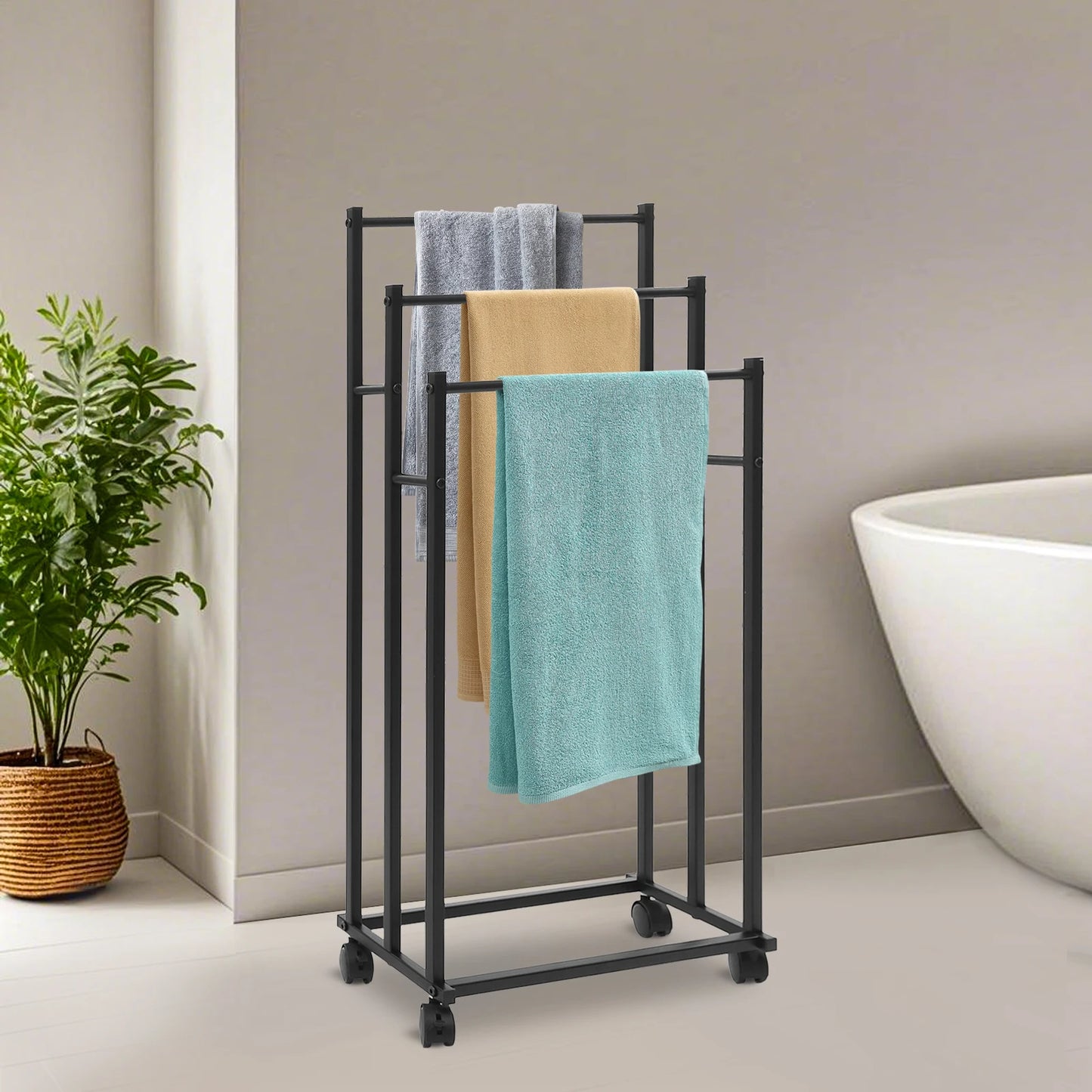 Freistehender Handtuchhalter mit Rollen – 3-stufiges Metall-Handtuchregal in Schwarz (66–86 cm)