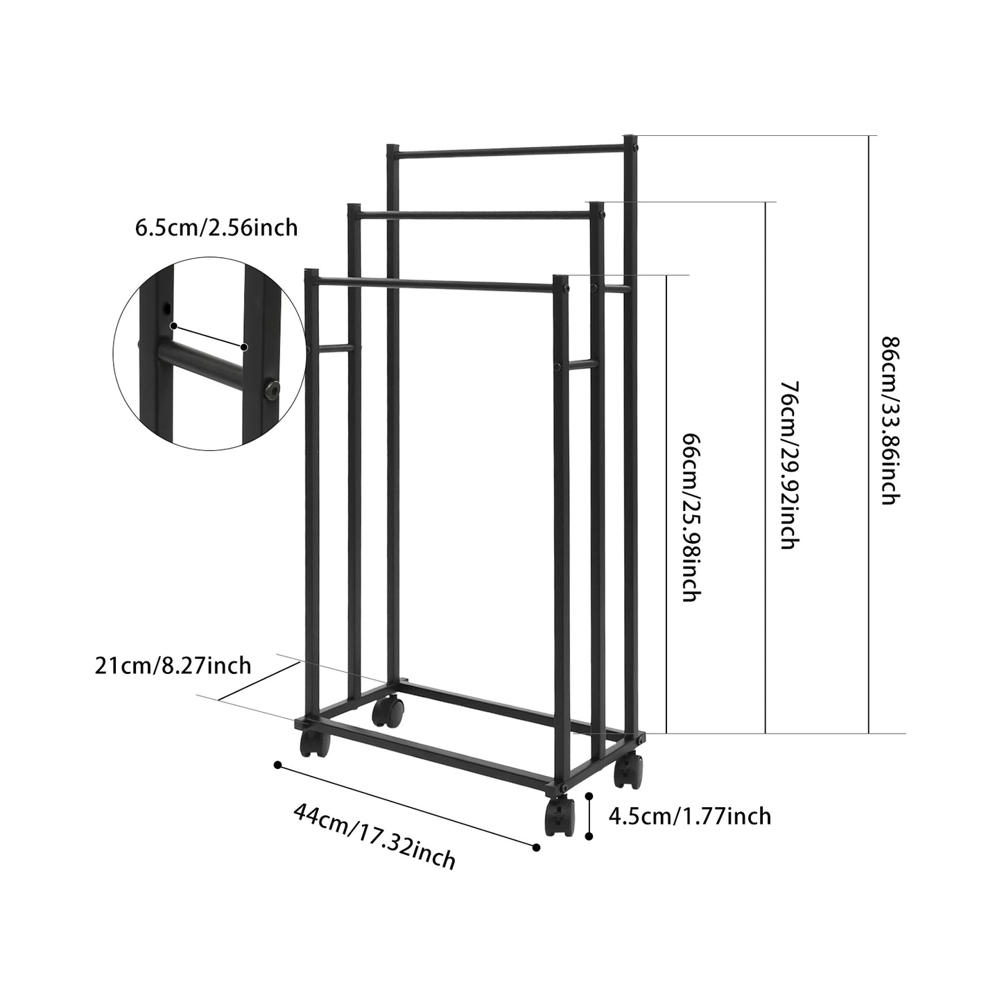 Freistehender Handtuchhalter mit Rollen – 3-stufiges Metall-Handtuchregal in Schwarz (66–86 cm)