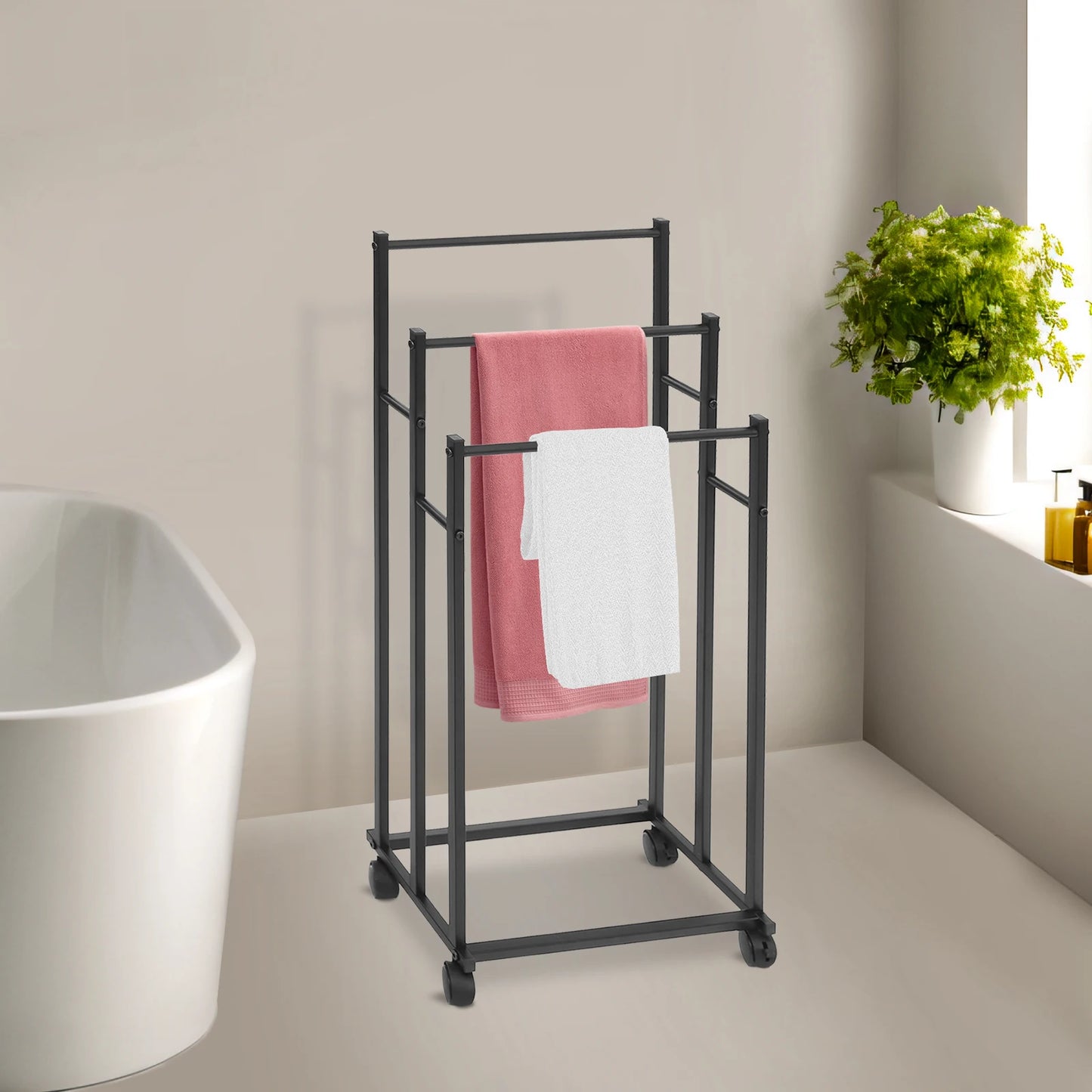 Freistehender Handtuchhalter mit Rollen – 3-stufiges Metall-Handtuchregal in Schwarz (66–86 cm)